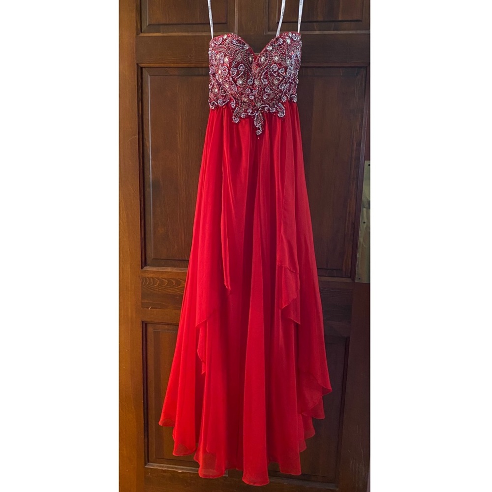 Jovani JVN1560 strapless beaded red gown
